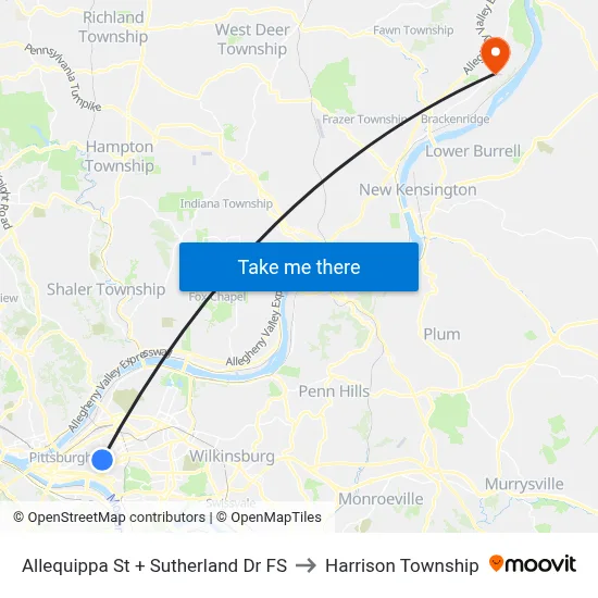 Allequippa St + Sutherland Dr FS to Harrison Township map