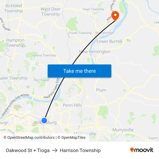 Oakwood St + Tioga to Harrison Township map