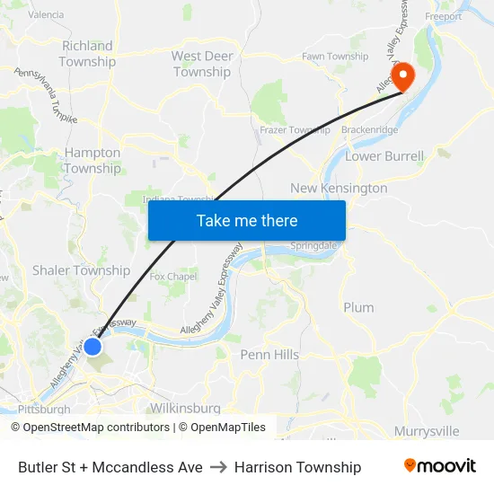 Butler St + Mccandless Ave to Harrison Township map
