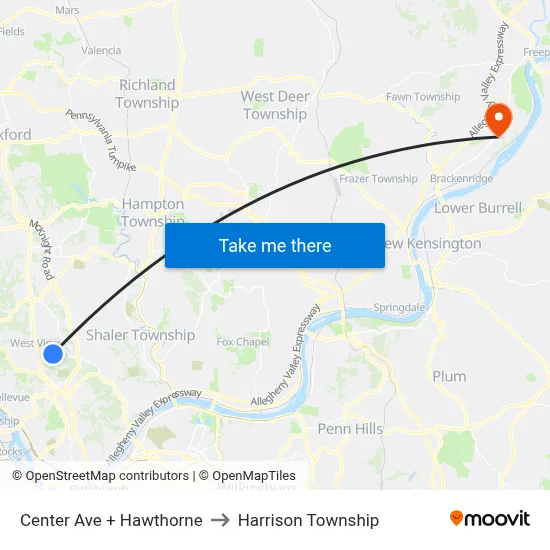 Center Ave + Hawthorne to Harrison Township map