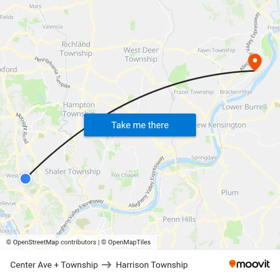 Center Ave + Township to Harrison Township map