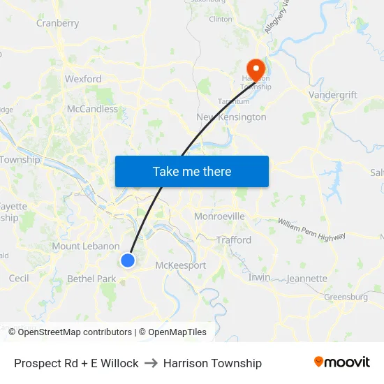 Prospect Rd + E Willock to Harrison Township map