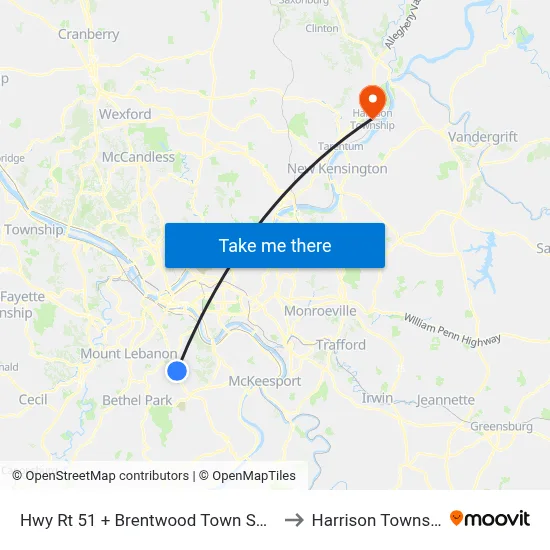 Hwy Rt 51 + Brentwood Town Square to Harrison Township map