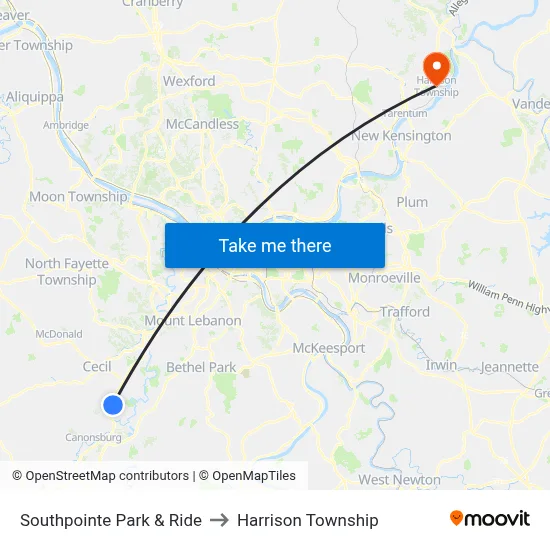 Southpointe Park & Ride to Harrison Township map