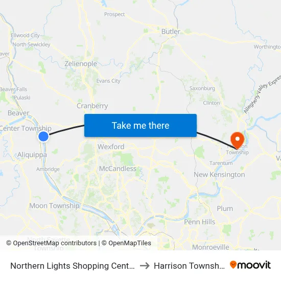 Northern Lights Shopping Center to Harrison Township map