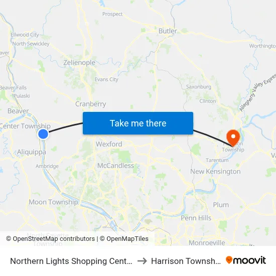 Northern Lights Shopping Center to Harrison Township map