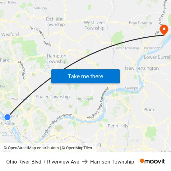Ohio River Blvd + Riverview Ave to Harrison Township map