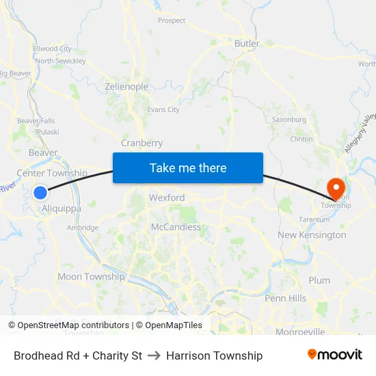 Brodhead Rd + Charity St to Harrison Township map