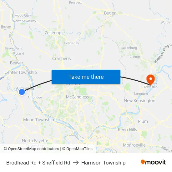 Brodhead Rd + Sheffield Rd to Harrison Township map