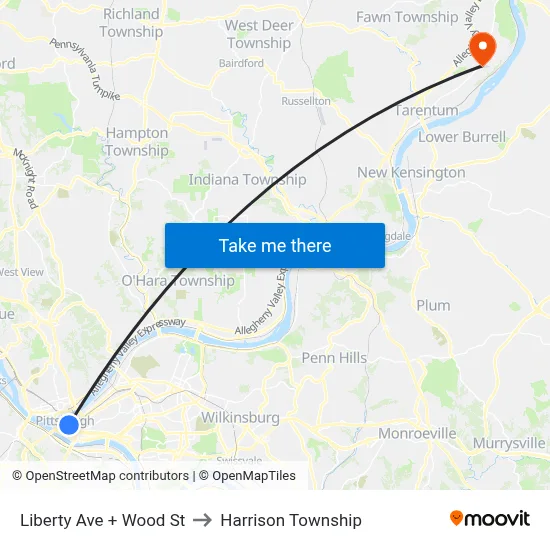 Liberty Ave + Wood St to Harrison Township map