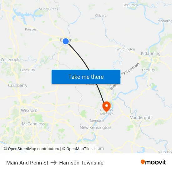 Main And Penn St to Harrison Township map