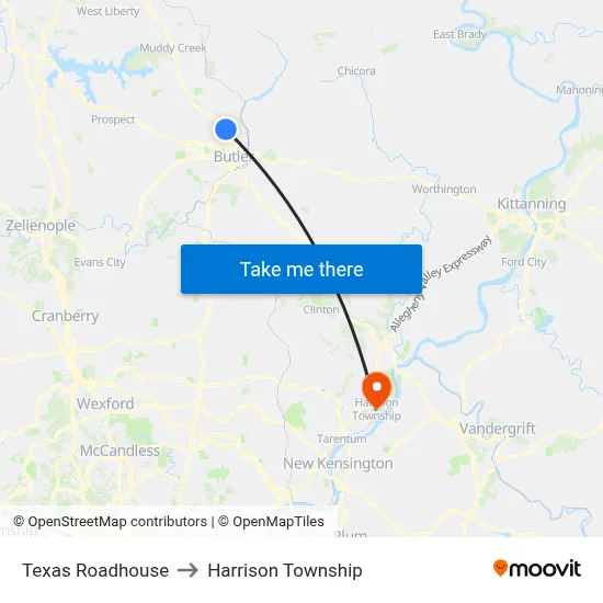 Texas Roadhouse to Harrison Township map