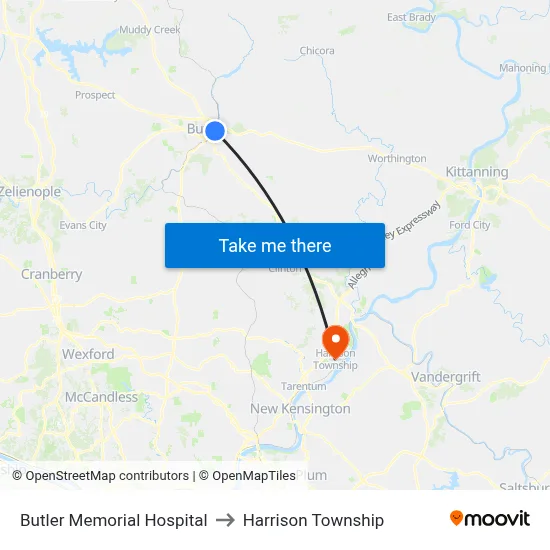 Butler Memorial Hospital to Harrison Township map