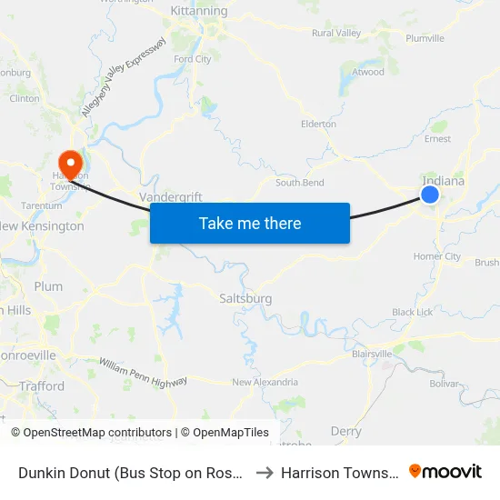 Dunkin Donut (Bus Stop on Rose St) to Harrison Township map