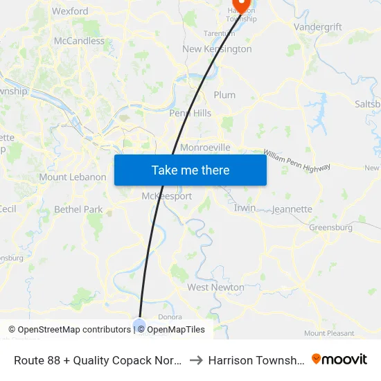 Route 88 + Quality Copack North to Harrison Township map