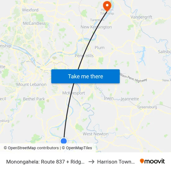 Monongahela: Route 837 + Ridge Ave to Harrison Township map
