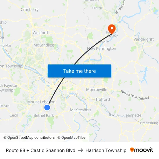 Route 88 + Castle Shannon Blvd to Harrison Township map