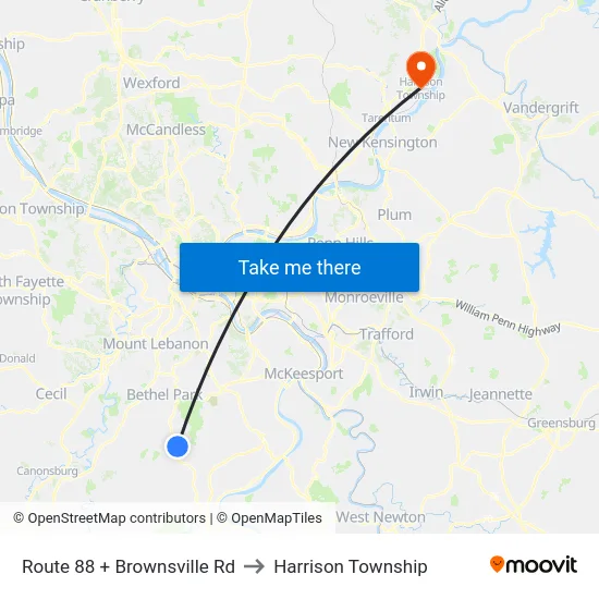 Route 88 + Brownsville Rd to Harrison Township map