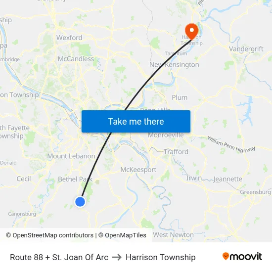Route 88 + St. Joan Of Arc to Harrison Township map