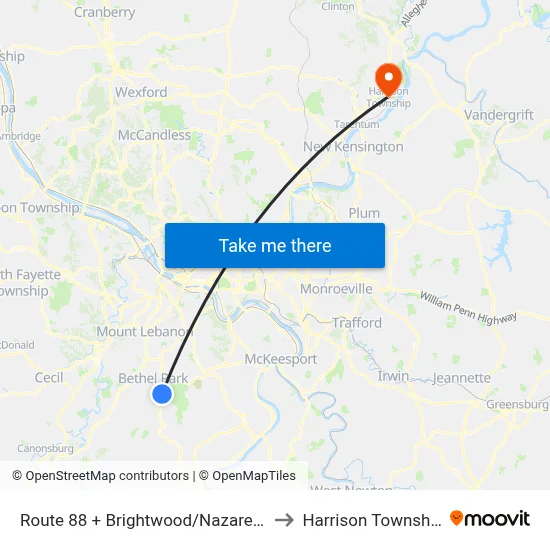 Route 88 + Brightwood/Nazarene to Harrison Township map