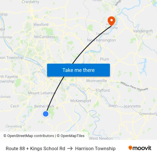 Route 88 + Kings School Rd to Harrison Township map