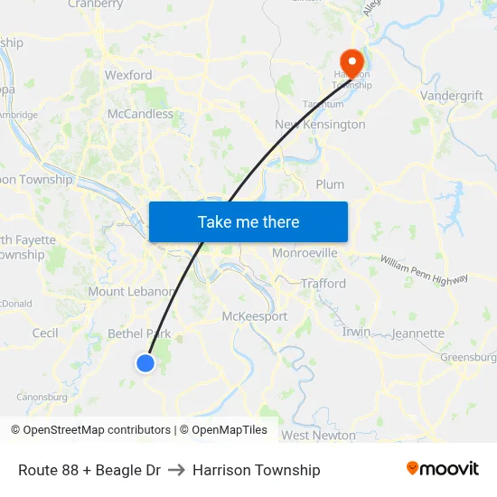Route 88 + Beagle  Dr to Harrison Township map