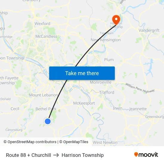 Route 88 + Churchill to Harrison Township map