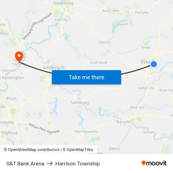 S&T Bank Arena to Harrison Township map