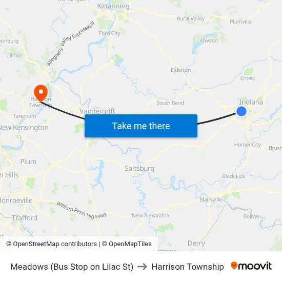 Meadows (Bus Stop on Lilac St) to Harrison Township map