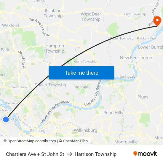 Chartiers Ave + St John St to Harrison Township map