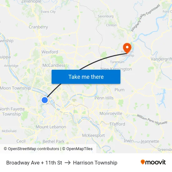 Broadway Ave + 11th St to Harrison Township map
