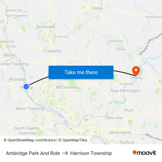 Ambridge Park And Ride to Harrison Township map
