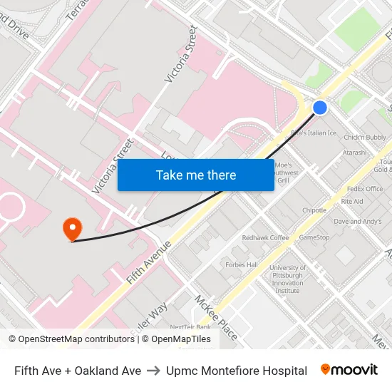 Fifth Ave + Oakland Ave to Upmc Montefiore Hospital map