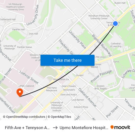 Fifth Ave + Tennyson Ave to Upmc Montefiore Hospital map