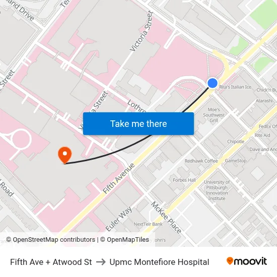 Fifth Ave + Atwood St to Upmc Montefiore Hospital map