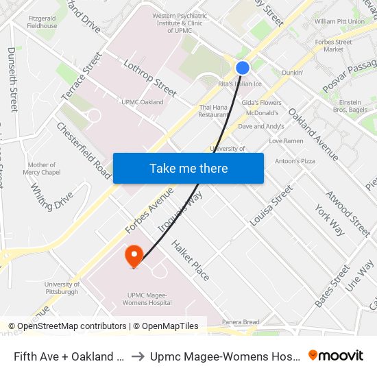 Fifth Ave + Oakland Ave to Upmc Magee-Womens Hospital map