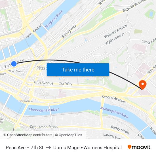 Penn Ave + 7th St to Upmc Magee-Womens Hospital map