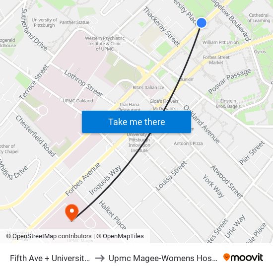 Fifth Ave + University Pl to Upmc Magee-Womens Hospital map