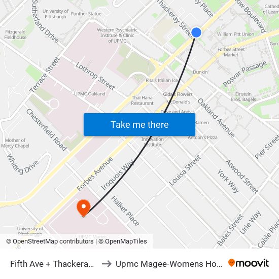 Fifth Ave + Thackeray Ave to Upmc Magee-Womens Hospital map