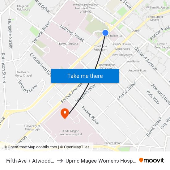 Fifth Ave + Atwood St to Upmc Magee-Womens Hospital map