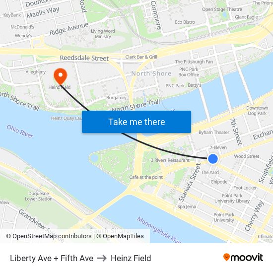 Liberty Ave + Fifth Ave to Heinz Field map