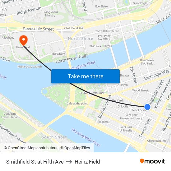 Smithfield St at Fifth Ave to Heinz Field map