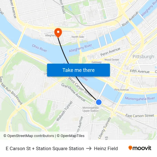 E Carson St + Station Square Station to Heinz Field map