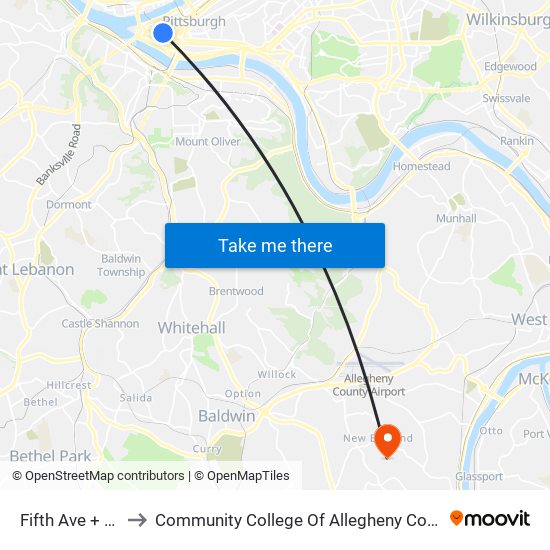 Fifth Ave + Wood St to Community College Of Allegheny County - South Campus map