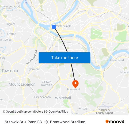 Stanwix St + Penn FS to Brentwood Stadium map