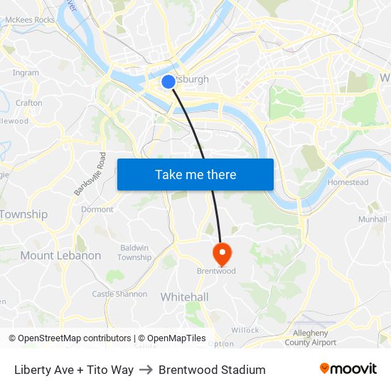 Liberty Ave + Tito Way to Brentwood Stadium map