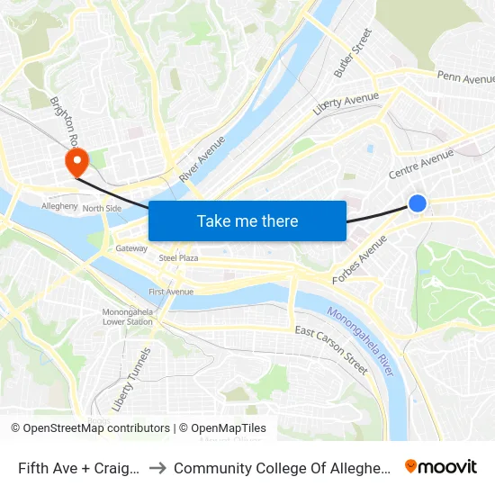 Fifth Ave + Craig St Ns to Community College Of Allegheny County map