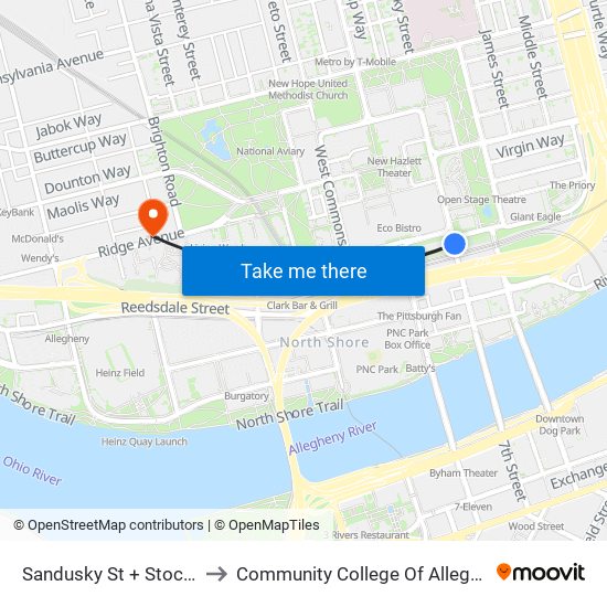 Sandusky St + Stockton Ave to Community College Of Allegheny County map
