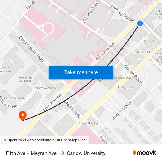 Fifth Ave + Meyran Ave to Carlow University map