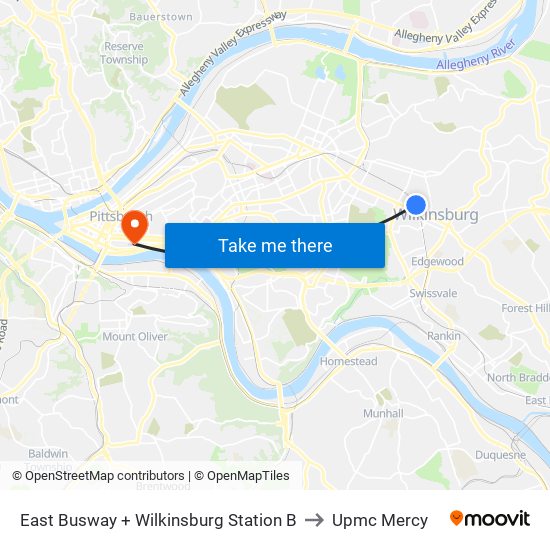 East Busway + Wilkinsburg Station B to Upmc Mercy map